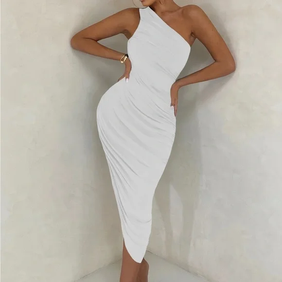 Club L White Ruched Dress Off The Shoulder Club L London Dresses